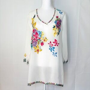 Johnny Was Sheer White Floral Embroidered Tunic Large Bohemian Resort‎ Cove Up L